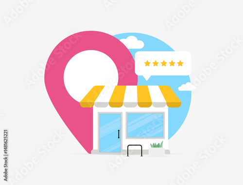 Find nearby stores - small shop with geo location marker, ideal for local business directories, marketplace listings and online maps for discovering physical retail locations. Vector illustration