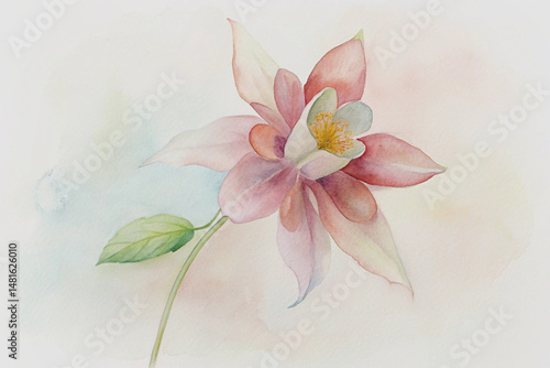 Delicate watercolor painting of a pink and white columbine flower with green stem and leaf