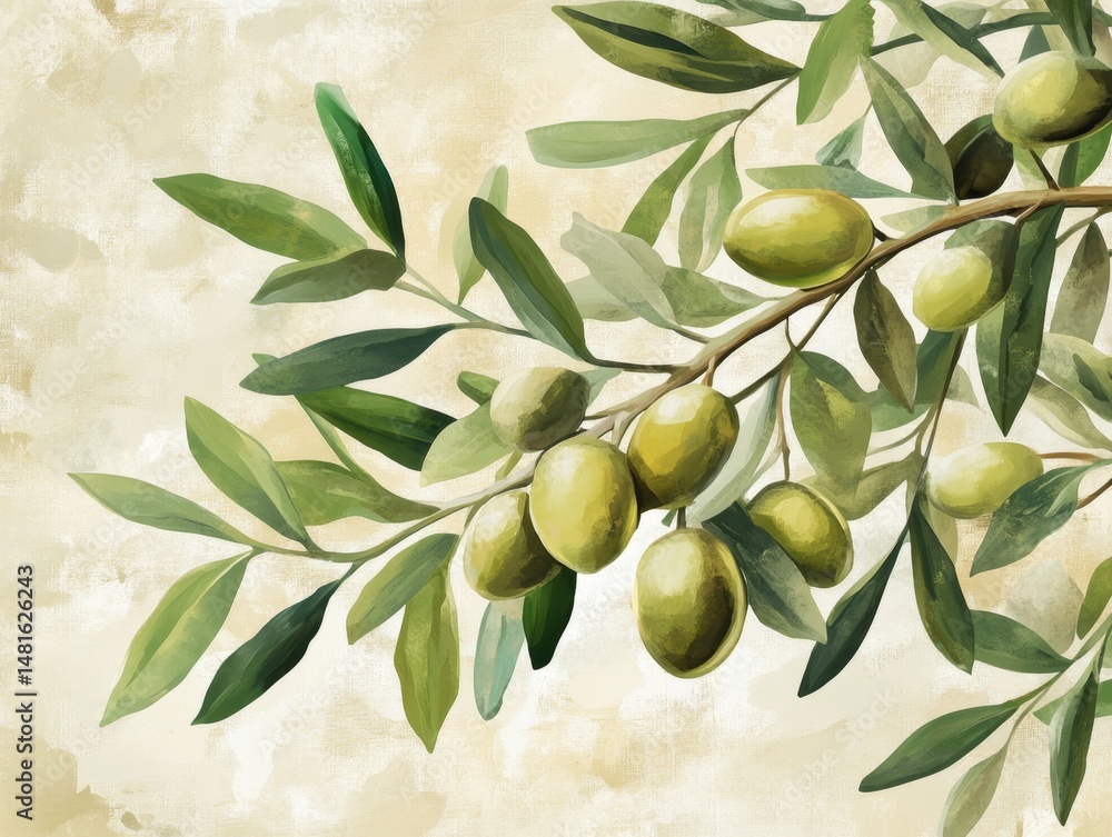 Obraz premium Olive branch illustration with green olives and leaves on a beige background close up artistic style food ingredient plant