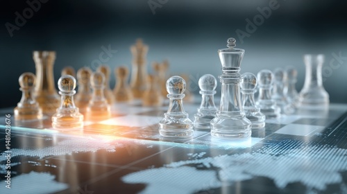 Fototapeta Naklejka Na Ścianę i Meble -  High-detail photo of a glass chessboard mid-game, placed over a glowing holographic world map