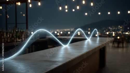 Neon Light Trace on a Bar: A captivating shot of a neon light trace illuminating a bar, showcasing its sleek design, at night. With soft lighting, the scene emanates sophistication and modernity.
