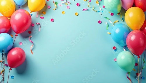 Festive birthday backdrop with colorful balloons and streamers, perfect for celebrations , holiday, glitter, design