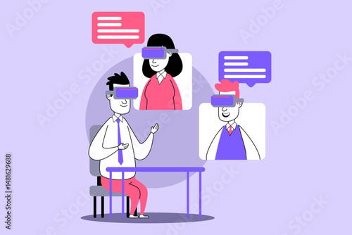 Colleagues involved in interactive virtual meeting. Two participants visible on screens, while one actively communicating. Modern workspace concept