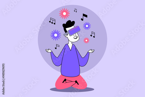 Person meditating in virtual reality while wearing headset, surrounded by colorful music notes and flowers, creating tranquil and immersive environment for relaxation