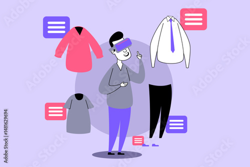 Person using virtual reality headset to interact with digital clothing in fitting room. Various garments showcasing modern shopping experience