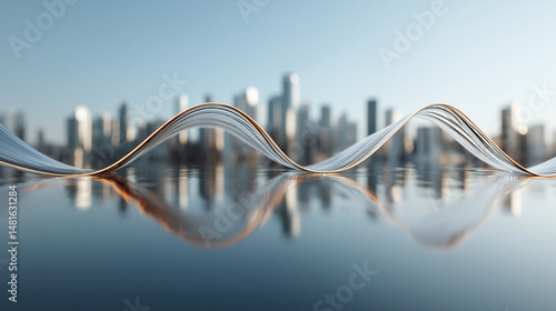 Cityscape Reflection: Abstract view of city skyline, with ribbon design on calm surface water,  reflecting urban architecture, evokes feelings of innovation, modernity, and tranquility.