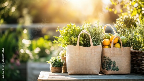 Fresh produce bags displayed on a wooden table outdoors.