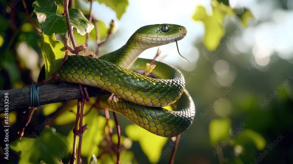 Green tree snake in lush forest wildlife photography natural habitat close-up view serpent behavior Green tree snake in lush forest wildlife photography natural habitat close-up view serpent behavior