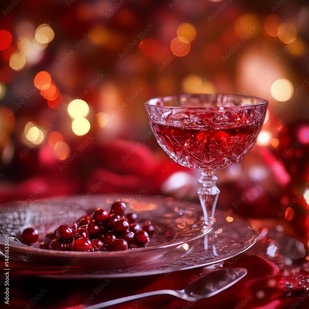 Festive Cocktail with Red Berries Against a Colorful Background Festive Cocktail with Red Berries Against a Colorful Background