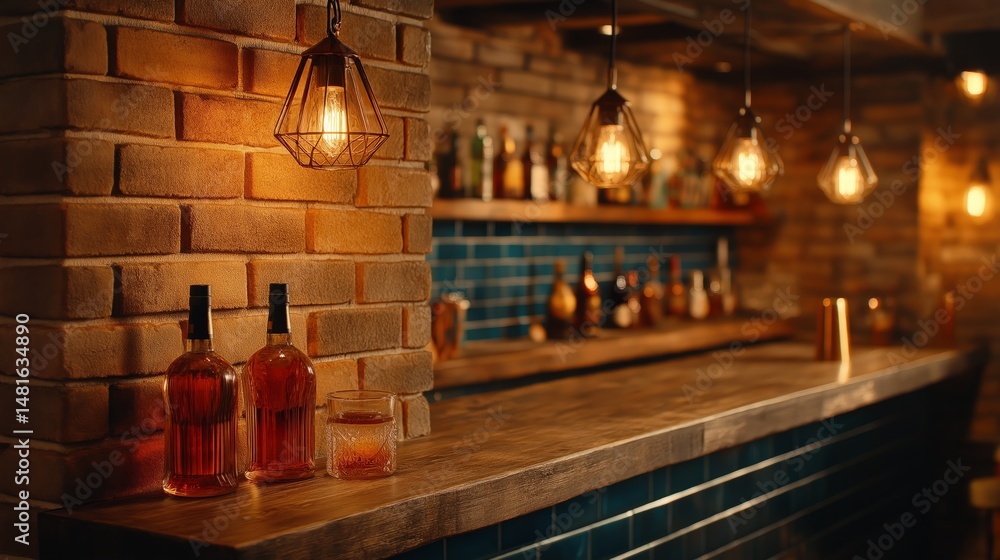 Cozy Bar Interior: A warm and inviting bar setting featuring exposed brick walls, soft lighting from hanging lamps, and bottles with a drink on the counter, perfect for a relaxed evening. Cozy Bar Interior: A warm and inviting bar setting featuring exposed brick walls, soft lighting from hanging lamps, and bottles with a drink on the counter, perfect for a relaxed evening.
