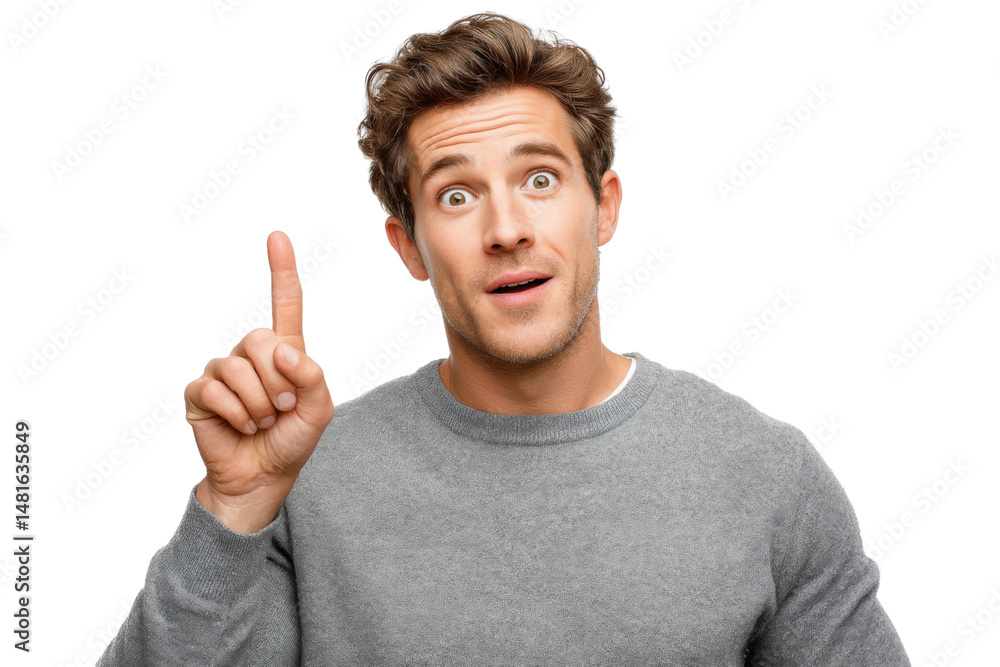 Eureka Moment: Man with a great idea, A young man looks surprised and points his index finger upward, signifying a sudden realization or inspiration. Eureka Moment: Man with a great idea, A young man looks surprised and points his index finger upward, signifying a sudden realization or inspiration.