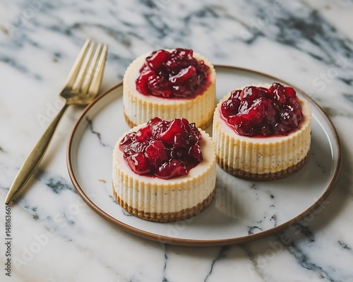 Gourmet miniature cheesecakes topped with cherry compote on a marble plate and surface