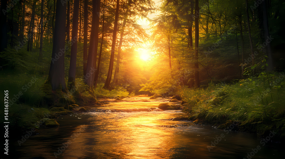Fototapeta premium Serene sunset over a forest stream landscape. [Skyroot Canopy] | Cloudleaf Arch | sky bough. Illustration