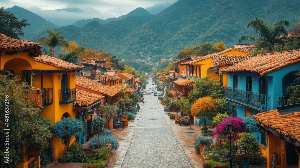 Obraz premium Colorful street scene of a mountain village.