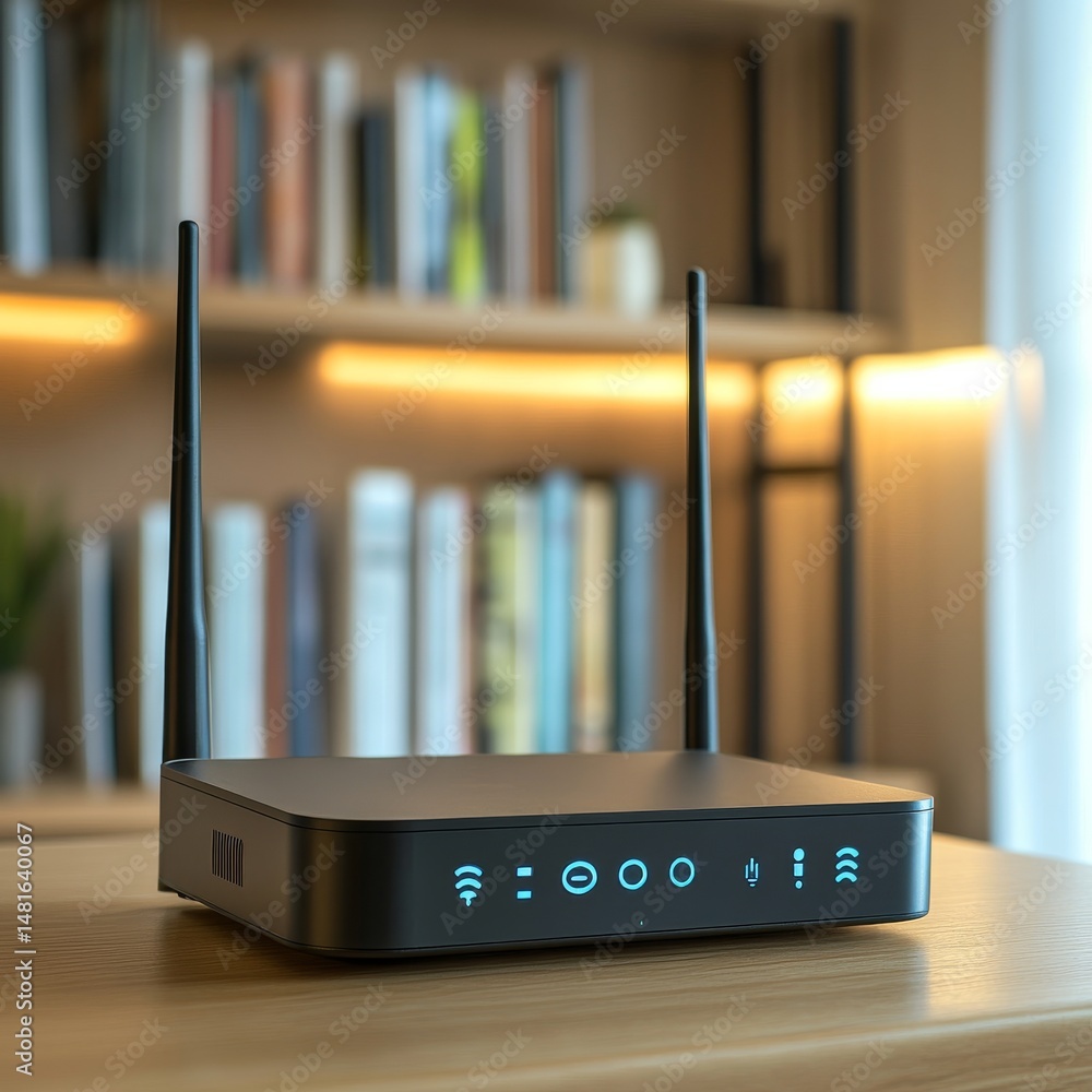 Modern Wireless Router with Antennas on Wooden Desk in Home Office Modern Wireless Router with Antennas on Wooden Desk in Home Office