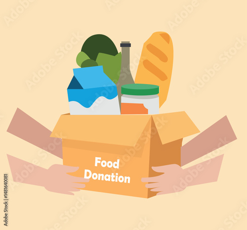 Donation food box in hands of volunteer. Food Bank with canned non perishable foods.