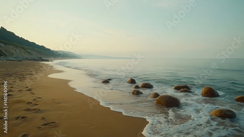 Long Exposure of Ocean Waves on Sandy Beach at Sunrise