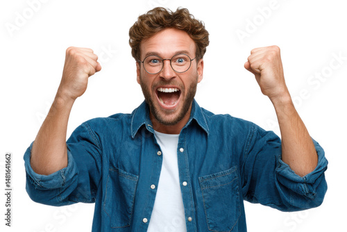 Triumphant Expression: A close-up shot of a jubilant man, his eyes wide with exhilaration and his fists clenched in a powerful display of excitement.