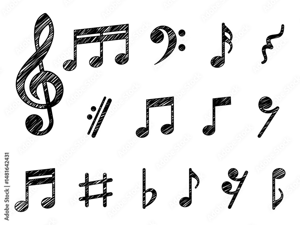 Fototapeta premium A collection of musical notes and symbols. Musical notes in various shapes. Symbols include treble clef, rests, and more. Perfect for music education and design. Music elements, vector set.