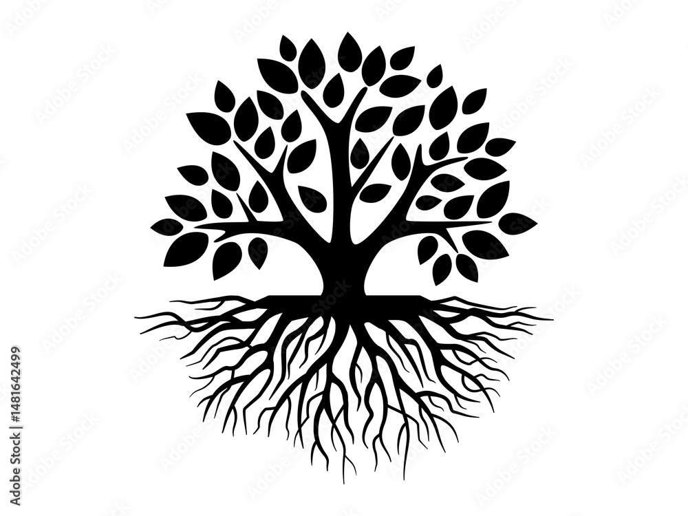 Silhouette branch trees and roots icon or logo style. hand drawn illustration on white background.
