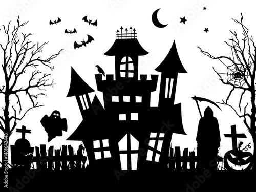 Halloween haunted house silhouette with bats and graveyard, spooky scary castle for Halloween decoration, party invitation, poster, greeting card, black vector illustration.