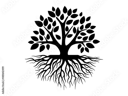 Silhouette branch trees and roots icon or logo style. hand drawn illustration on white background.