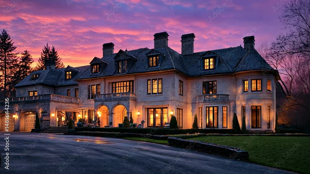 Grand Mansion at Dusk: An Architectural Marvel Bathed in Twilight Hues Grand Mansion at Dusk: An Architectural Marvel Bathed in Twilight Hues