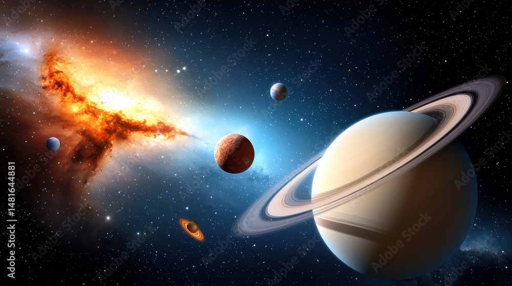 Fototapeta premium A breathtaking cosmic vista showcases Saturn's majestic s and vibrant nebula alongside other planets in a stunning display of celestial beauty and awe-inspi wonder across