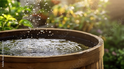 Water cascading into a rustic wooden rain barrel.