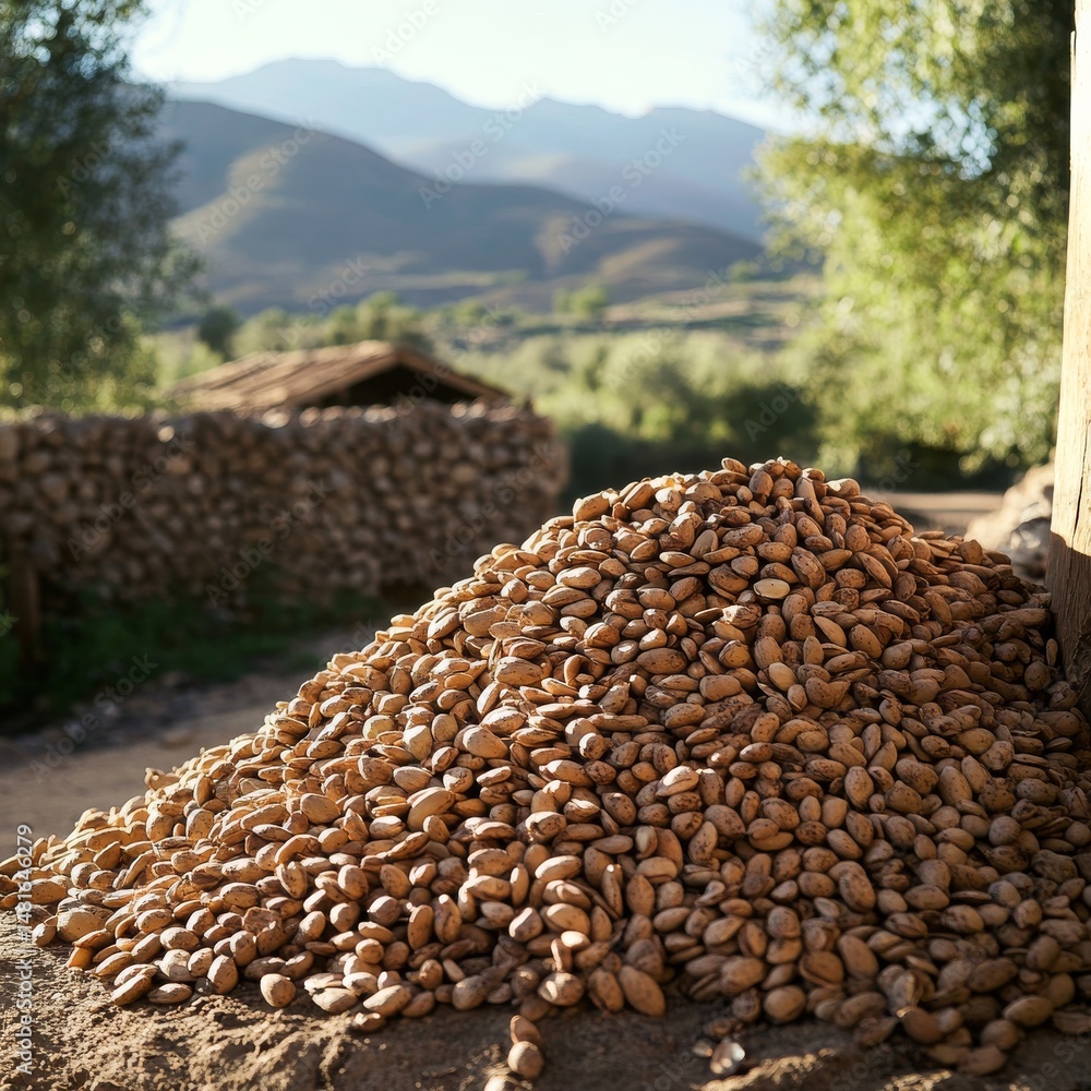 Obraz premium Almond Harvest in Scenic Landscape with Blue Sky and Mountains