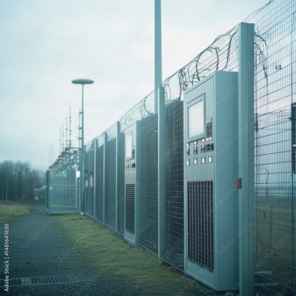 Naklejka premium Modern Security Fencing Around High-Tech Communication Facility