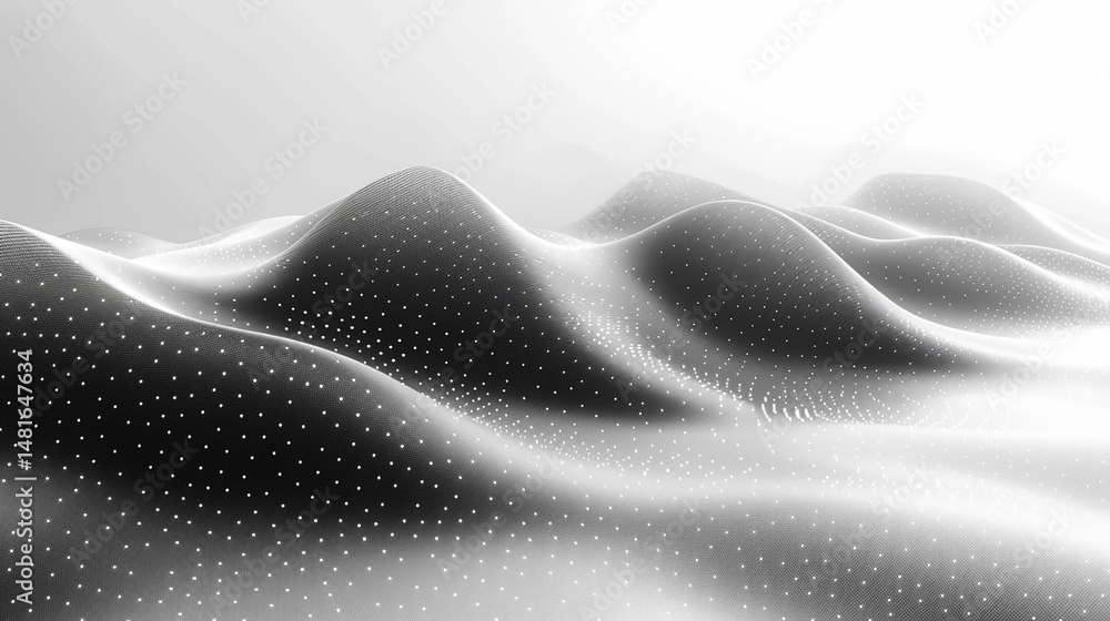 Abstract grayscale digital landscape with undulating topography and dotted texture. Abstract grayscale digital landscape with undulating topography and dotted texture.