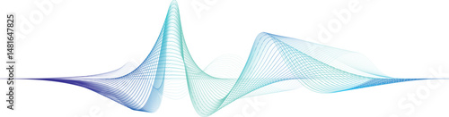 Flowing blue green wireframe sound waves, visualization of equalizer frequency signals audio equalizer, conceptual futuristic abstract technology waveform transparent background with space for text