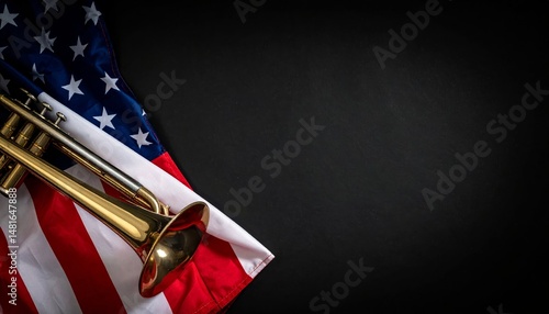A trumpet rests on a folded American flag