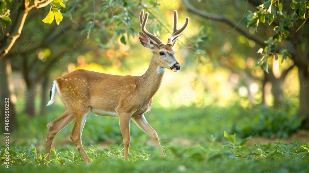 Fototapeta premium Deer in Orchard, Sunlight Filtering Through Trees