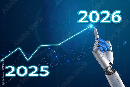 Robotic arm indicates ascending financial growth from year 2025 towards the expected mark 2026
