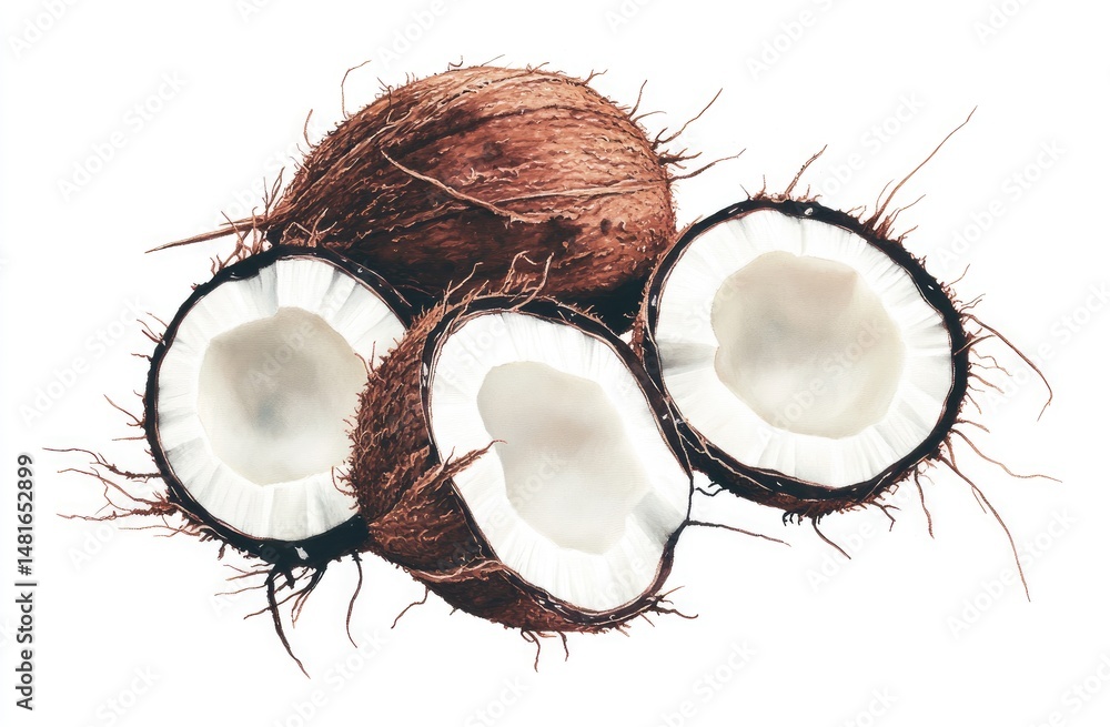 Fresh coconuts with halves Fresh coconuts with halves