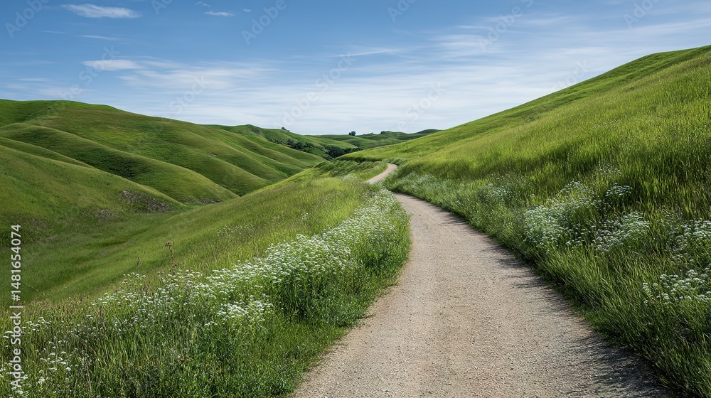 Picturesque rural road winding through verdant hills. Picturesque rural road winding through verdant hills.