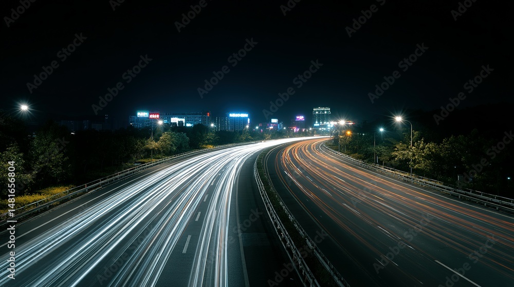 Night highway with illuminated city lights and streaked car lights. Night highway with illuminated city lights and streaked car lights.