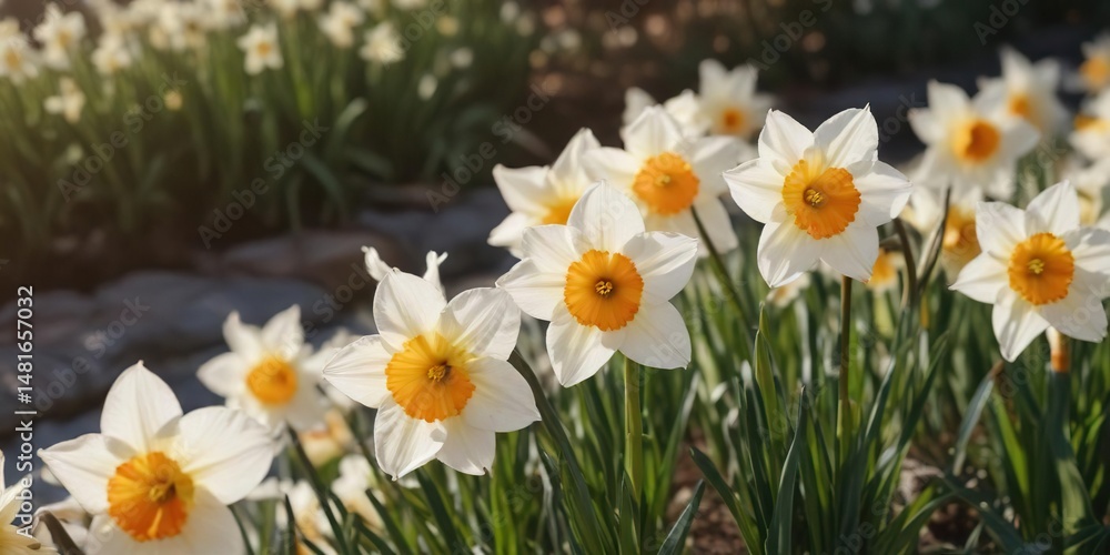 Selective focus on white and orange daffodil flowers in the sunlight, aesthetic, bloom Selective focus on white and orange daffodil flowers in the sunlight, aesthetic, bloom