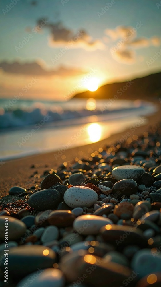Fototapeta premium Sunrise over a serene pebble beach, Calm ocean waves and golden hour light, shallow depth of field