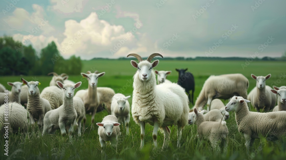Fototapeta premium Sheep herd in a grassy field (1)