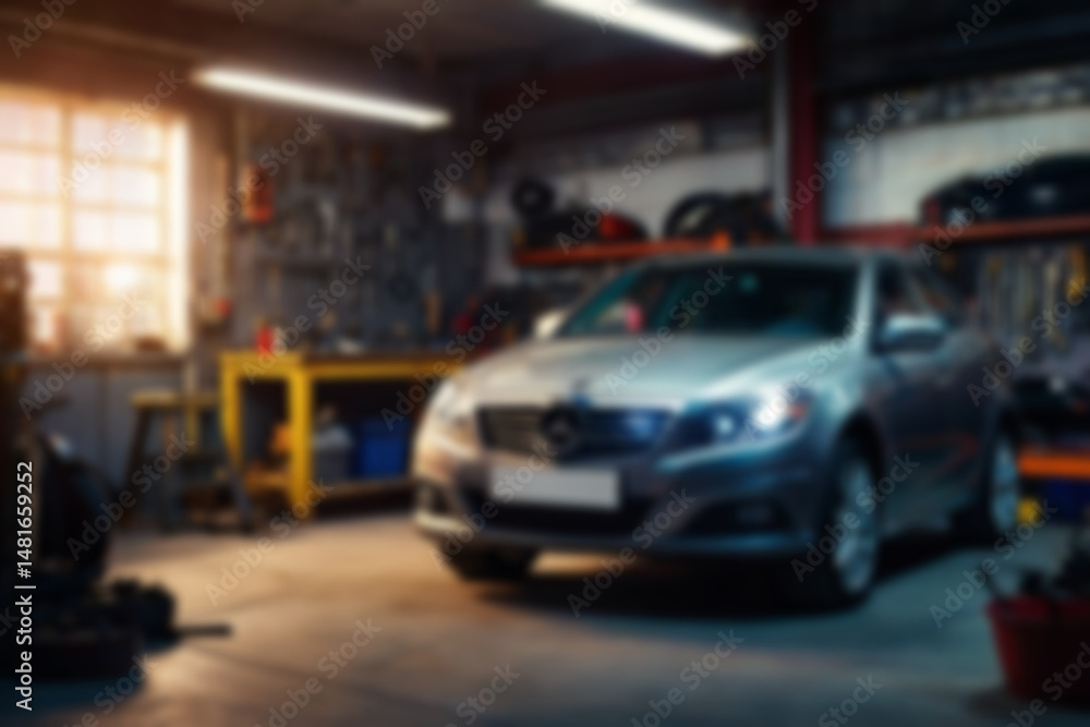 Fototapeta premium Blurry car repair shop, the car is being serviced in a garage with a dark theme, featuring a blurry repair shop background.