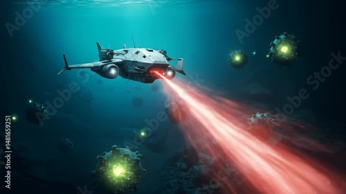 Wallpaper Mural Futuristic underwater scene with submarine and glowing marine life Torontodigital.ca