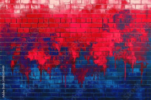 Vibrant red and blue painted brick wall