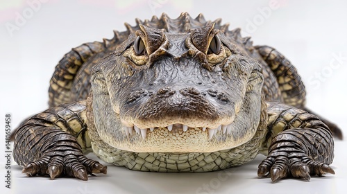 Close-up of an alligator resting on a white background showing detailed scales and sharp teeth from the front angle