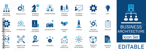 Business Architecture icon set. Representing key business concepts like strategy, planning, productivity, networking, and market research. Perfect for presentations, reports, and corporate branding.