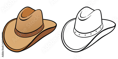 Coloring page cowboy hat cartoon with outline and sample colored in illustration