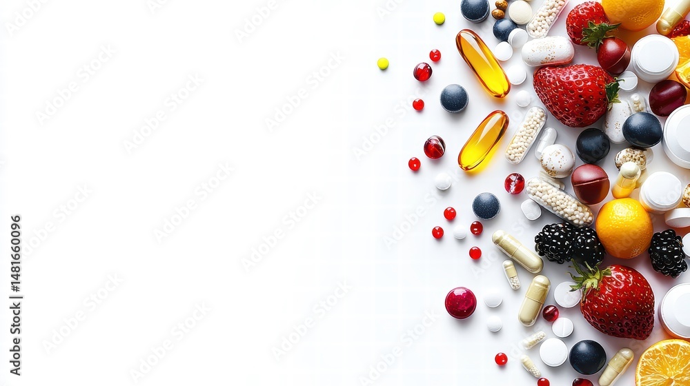 Various vitamins, supplements, and nutritious foods like berries and nuts scattered on a white surface, illustrating health-conscious living and wellness. Various vitamins, supplements, and nutritious foods like berries and nuts scattered on a white surface, illustrating health-conscious living and wellness.