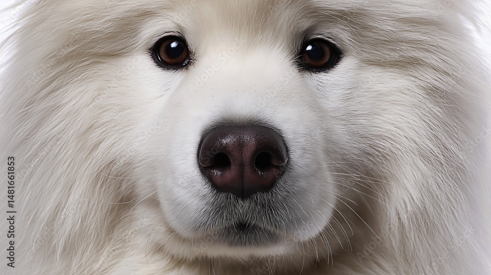 Fototapeta premium Close-up of a white fluffy dog with deep brown eyes and a black nose on a white background, front angle